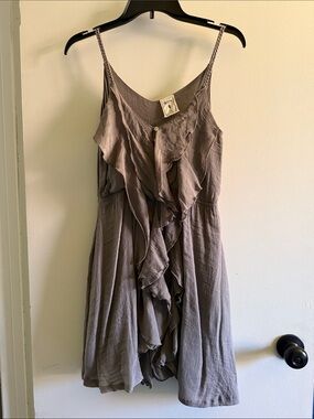 Ruffled Spaghetti Strap Mini Dress in Taupe